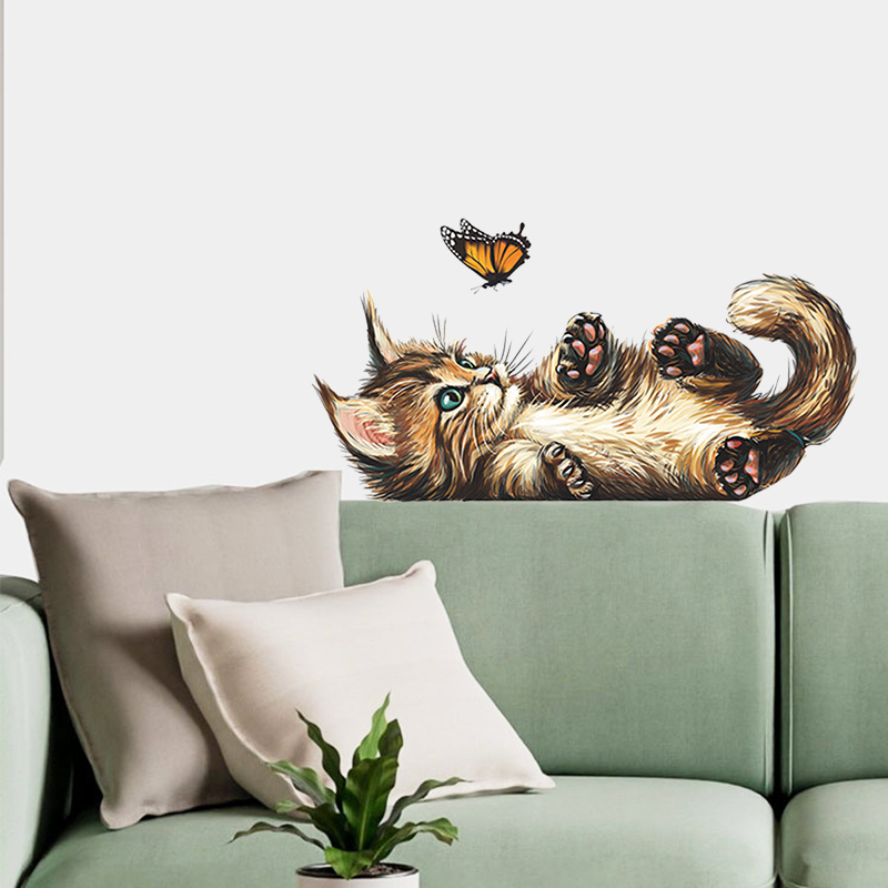 Home Bathroom Wallpaper - T15# Cute Kitten Butterfly Playing Wall
