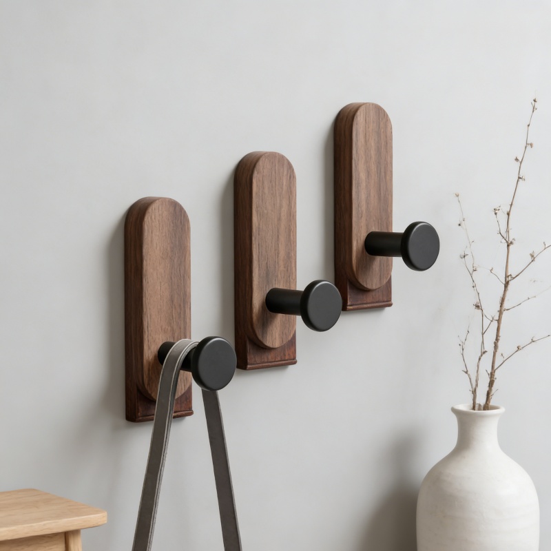 Robe Hook Adhesive - Punch Free Self Adhesive Walnut Wooden